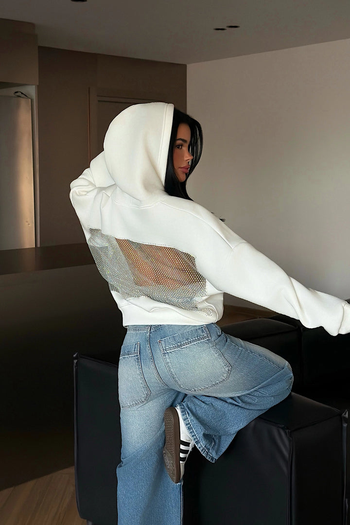 EYY Women White Hooded Sweatshirt with Stone Detail on the Back - Mount Laurel