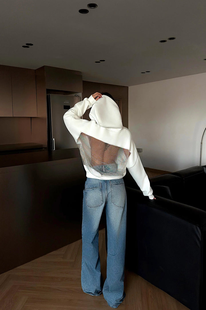 EYY Women White Hooded Sweatshirt with Stone Detail on the Back - Mount Laurel