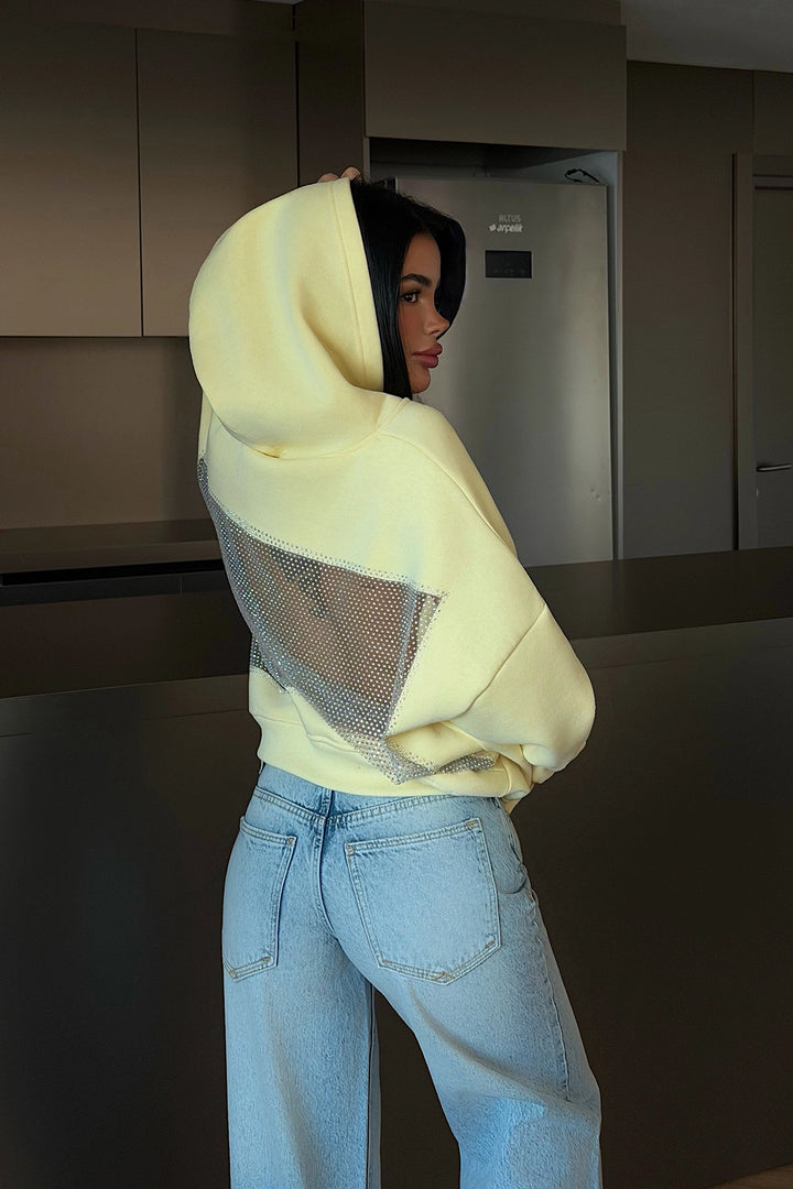 EYY Women Yellow Hooded Sweatshirt with Stone Detail on the Back - Teramo