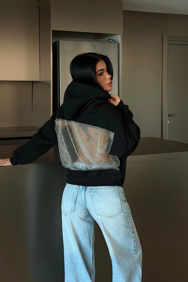 EYY Women Siyah Kapüşonlu Sweatshirt, Sırtta Taş Detayı - Pacifica