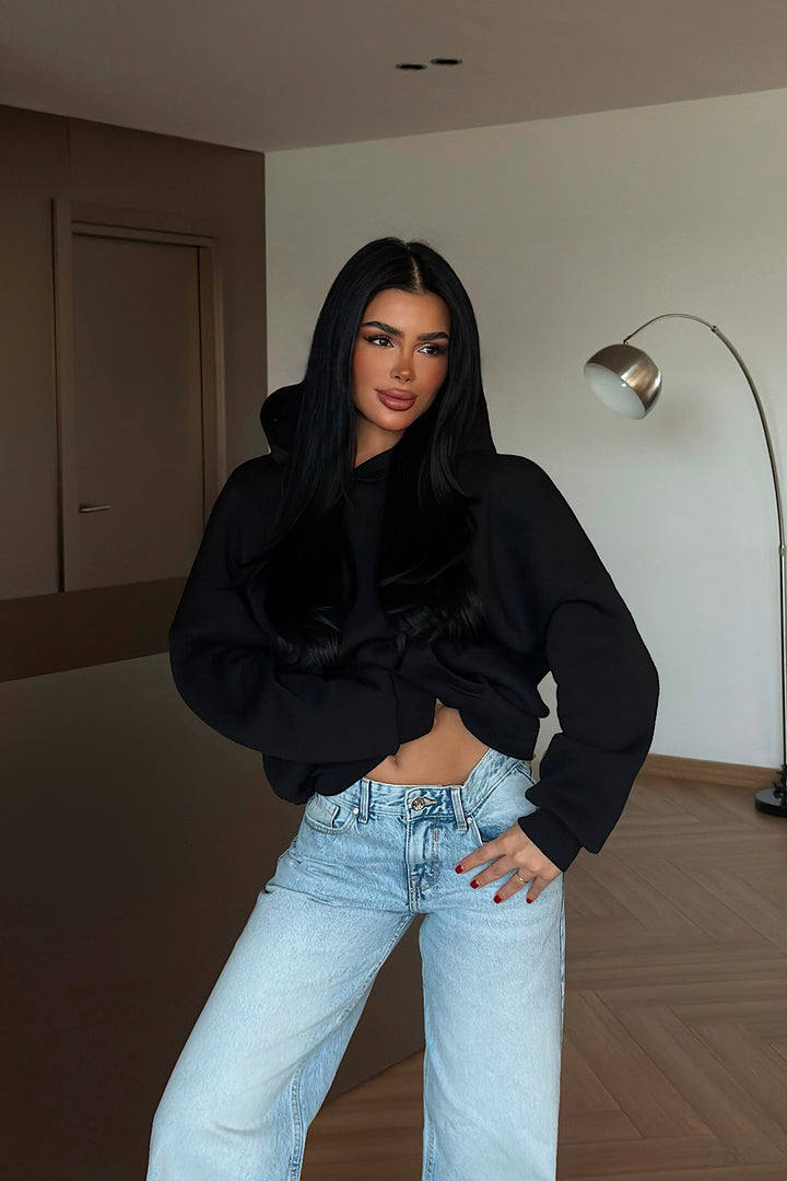 EYY Women Siyah Kapüşonlu Sweatshirt, Sırtta Taş Detayı - Pacifica