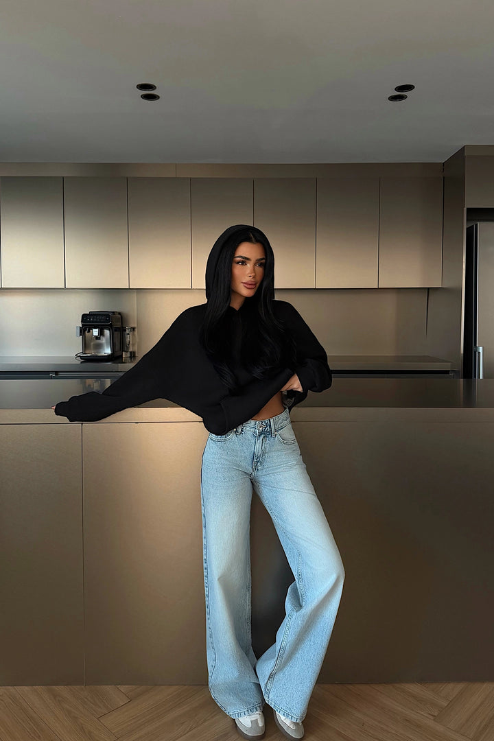 EYY Women Siyah Kapüşonlu Sweatshirt, Sırtta Taş Detayı - Pacifica