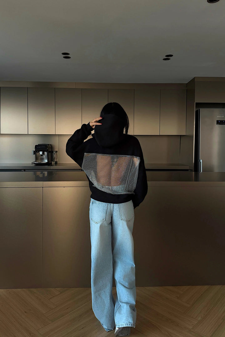 EYY Women Siyah Kapüşonlu Sweatshirt, Sırtta Taş Detayı - Pacifica