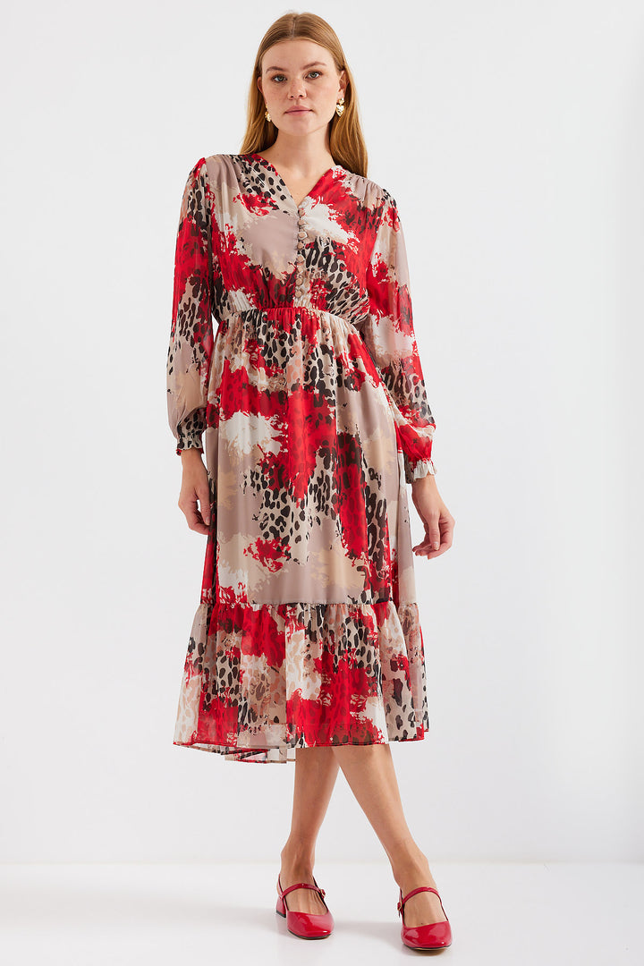 BGD Women Patterned Chiffon Dress - Dark Red - Avondale