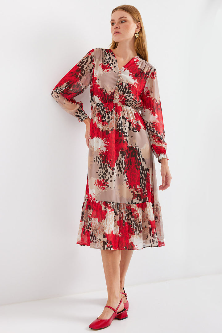 BGD Women Patterned Chiffon Dress - Dark Red - Avondale