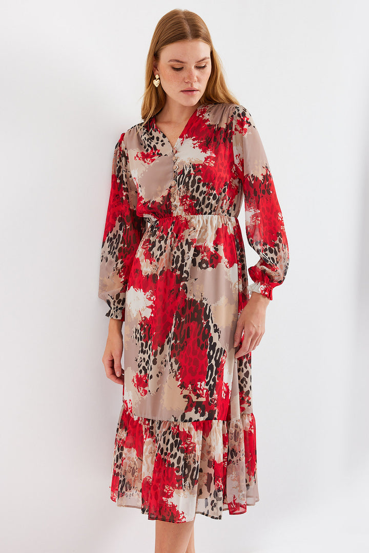BGD Women Patterned Chiffon Dress - Dark Red - Avondale