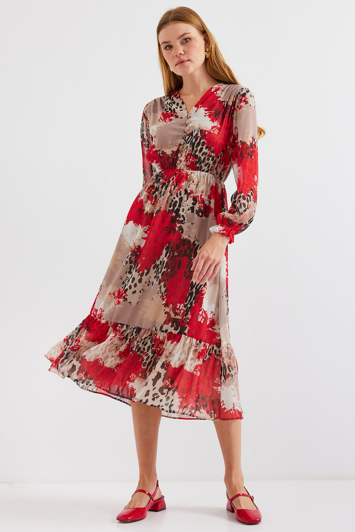 BGD Women Patterned Chiffon Dress - Dark Red - Avondale