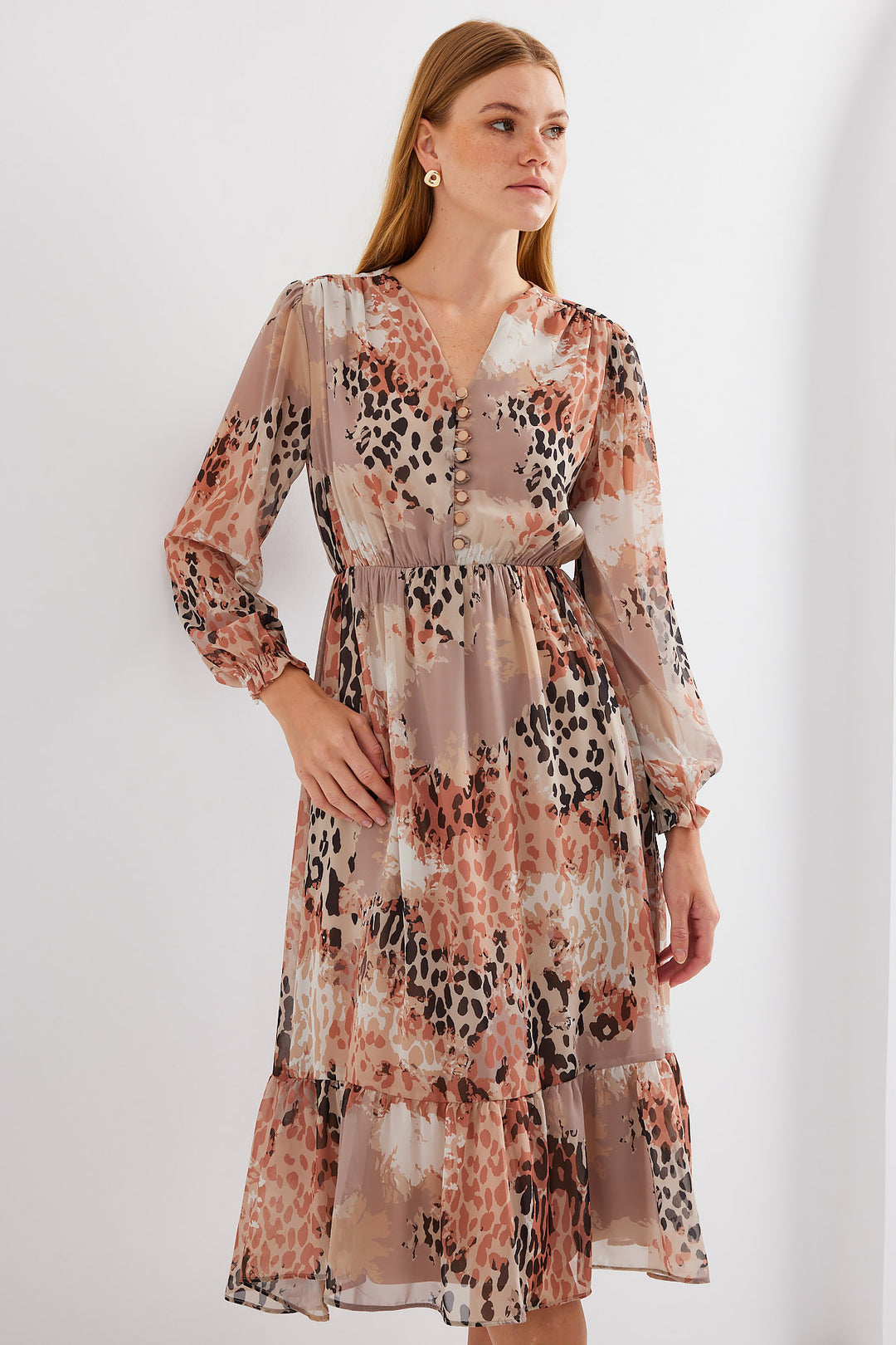 BGD Women Patterned Chiffon Dress - Camel - Avondale