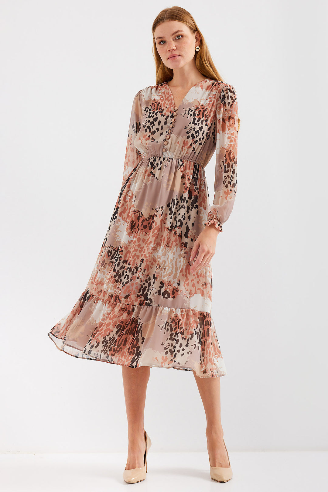 BGD Women Patterned Chiffon Dress - Camel - Avondale