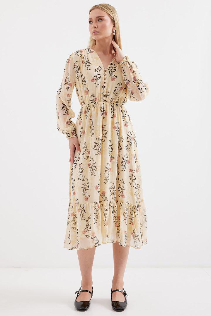 BGD Women Bigdart 2137 فستان شيفون منقوش - كريمي - أفونديل