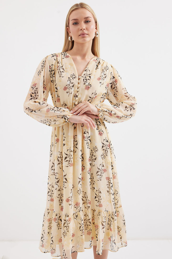 BGD Women Bigdart 2137 فستان شيفون منقوش - كريمي - أفونديل