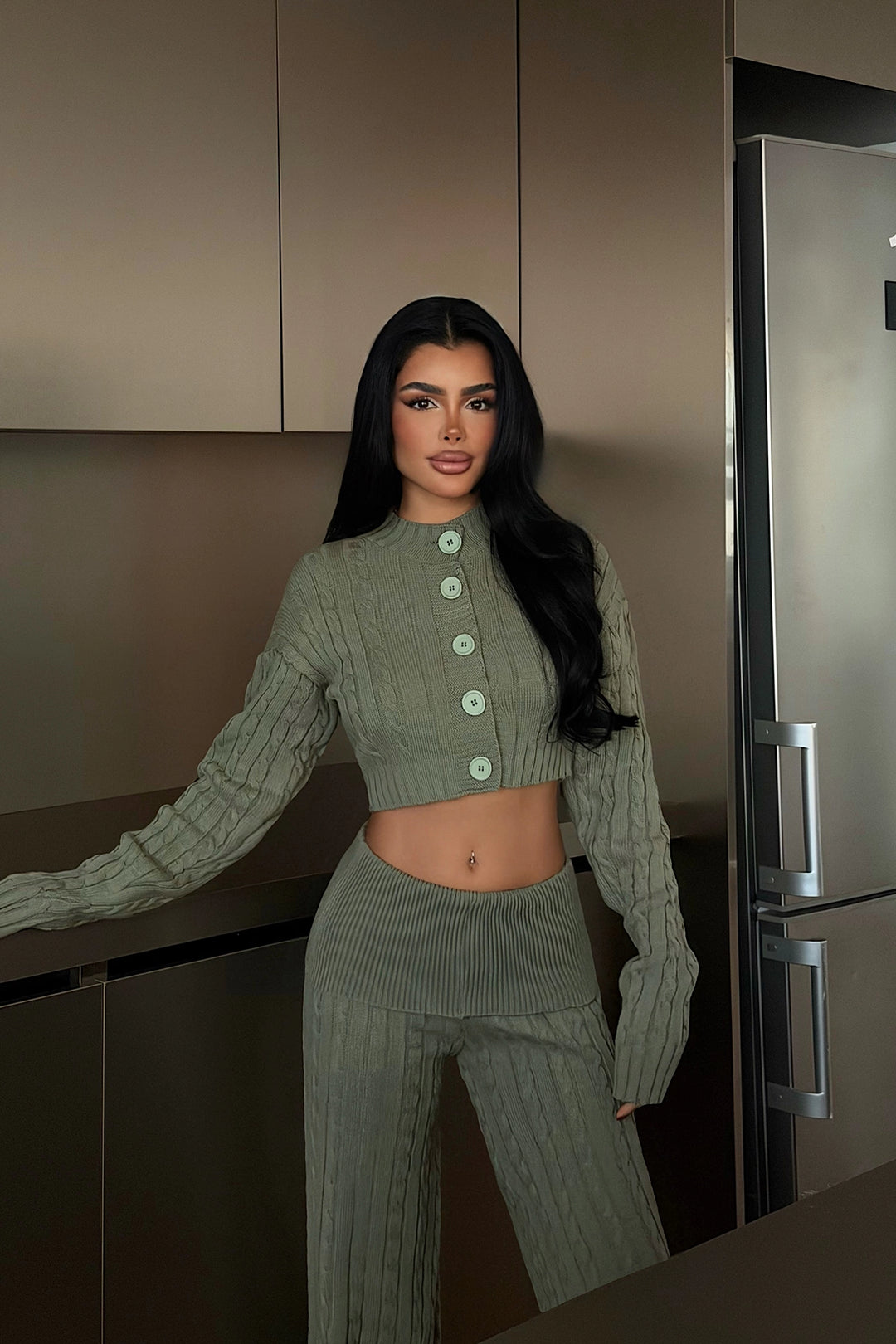 EYY Women Green Button Detail Knit Set - Cicero
