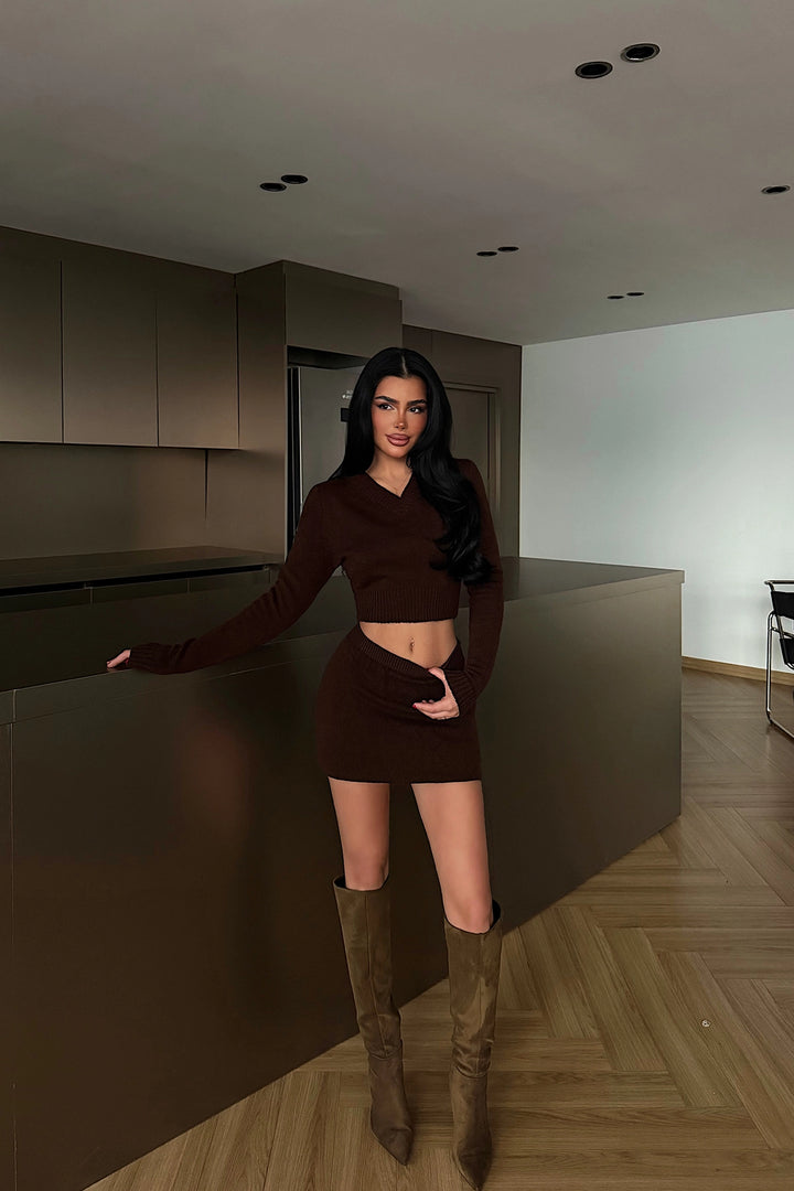 EYY Women Dark Brown Knitted Skirt Set - Burjasot