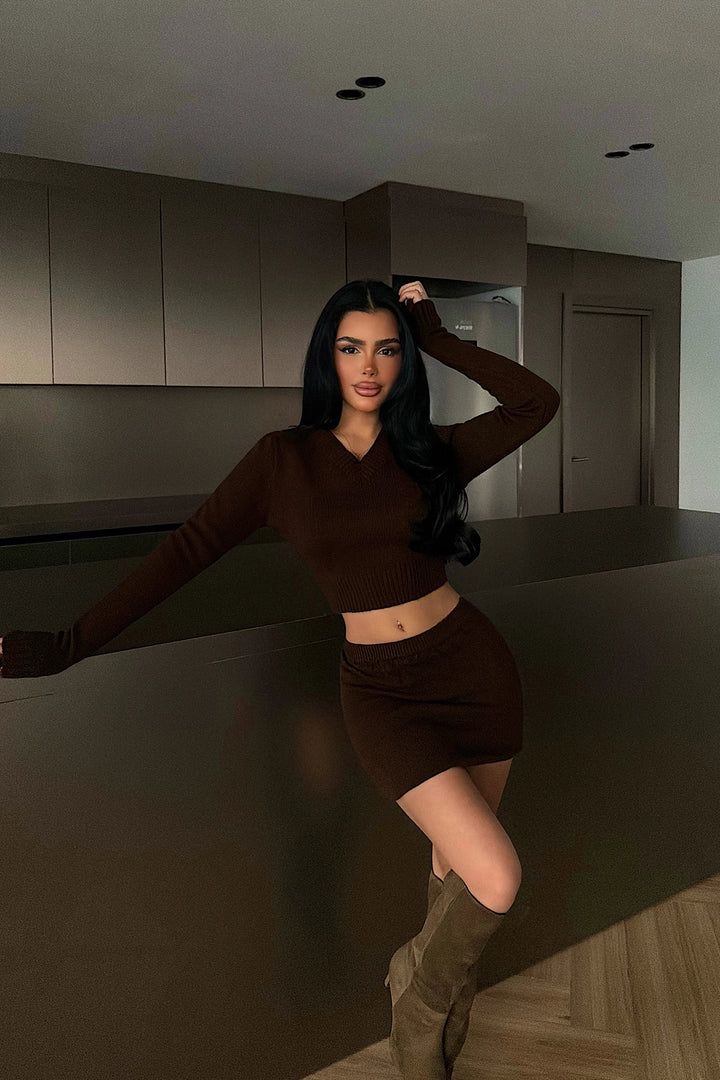 EYY Women Dark Brown Knitted Skirt Set - Burjasot