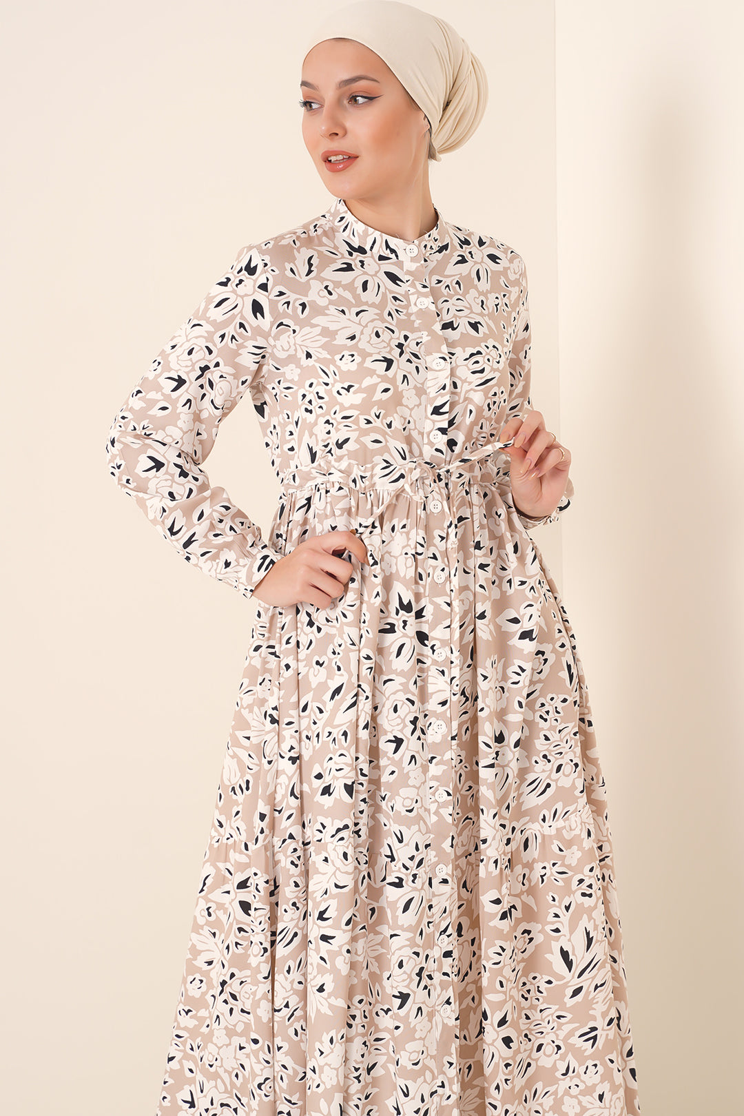 BGD Women Judge Collar Hijab Dress - Cream - Linden