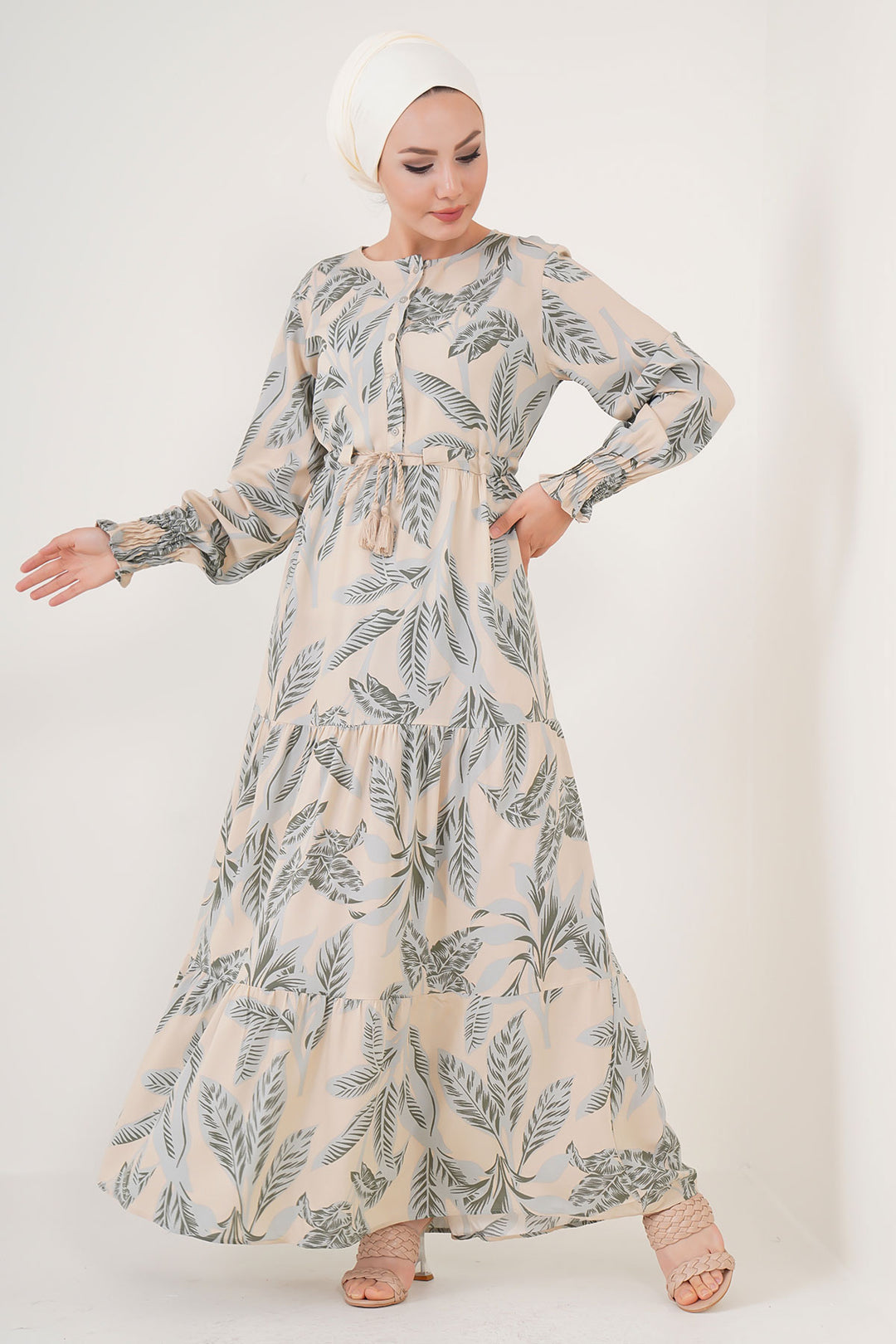 BGD Women Patterned Hijab Dress - Beige - Tarrasa