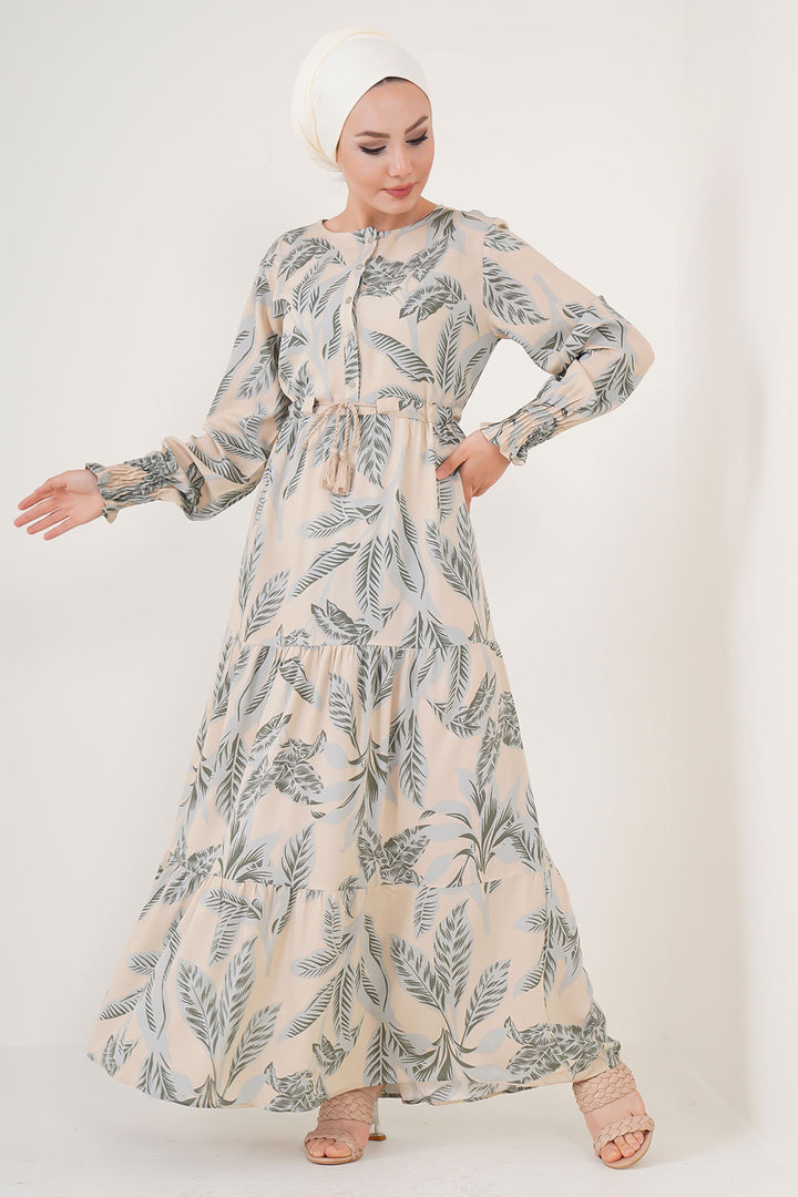 BGD Women Patterned Hijab Dress - Beige - Tarrasa