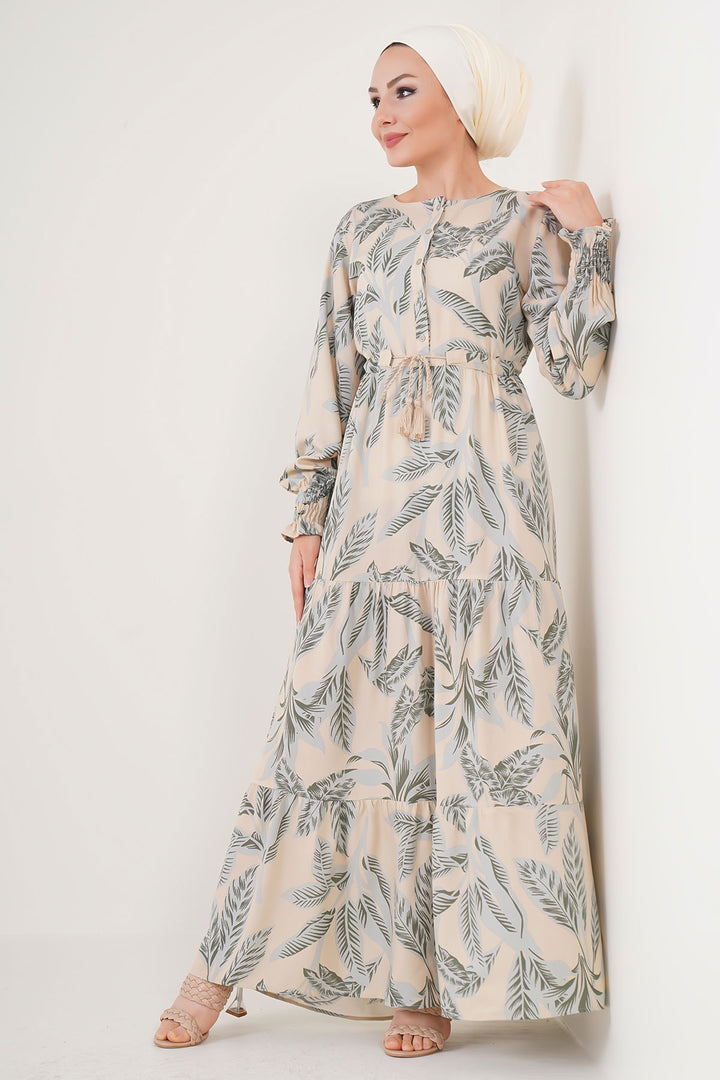BGD Women Patterned Hijab Dress - Beige - Tarrasa