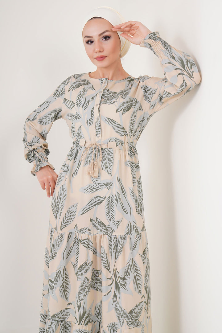 BGD Women Patterned Hijab Dress - Beige - Tarrasa