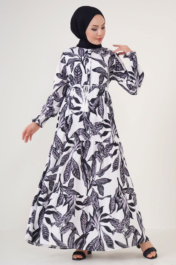 BGD Women Patterned Hijab Dress - White - Borken