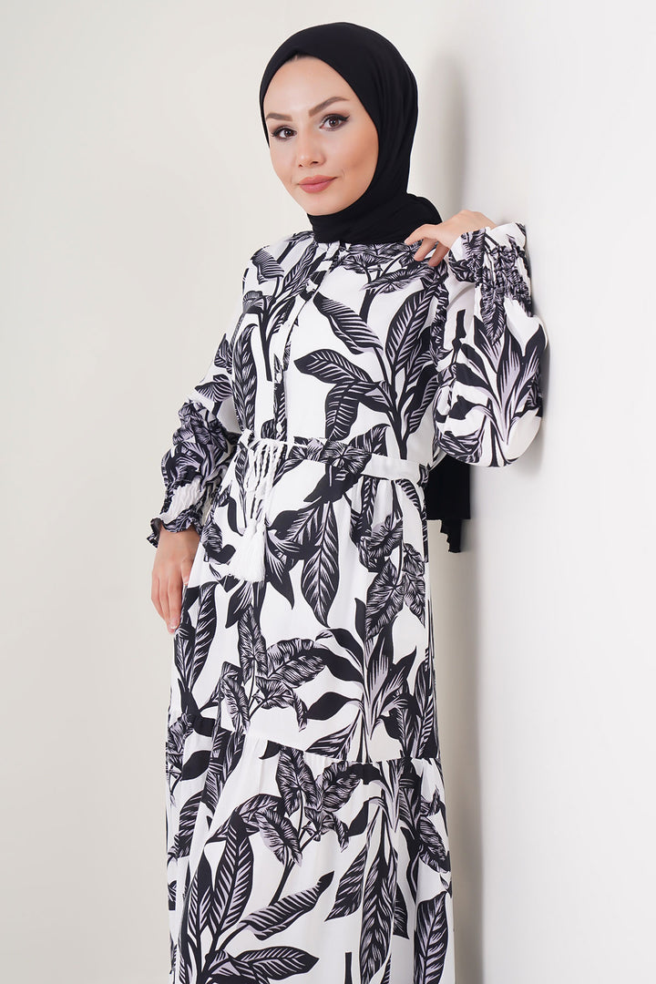 BGD Women Patterned Hijab Dress - White - Borken