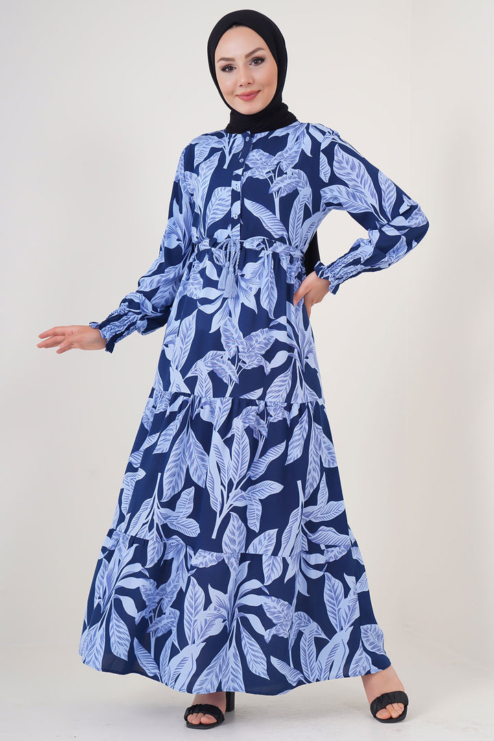 BGD Women Patterned Hijab Dress - Navy Blue - Rowlett