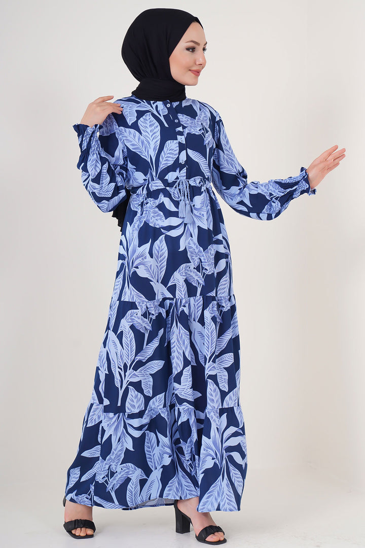 BGD Women Patterned Hijab Dress - Navy Blue - Rowlett