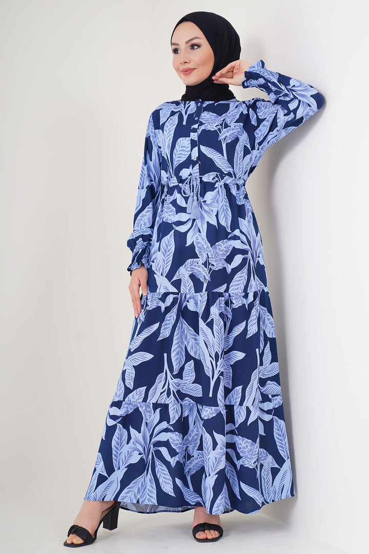 BGD Women Patterned Hijab Dress - Navy Blue - Rowlett