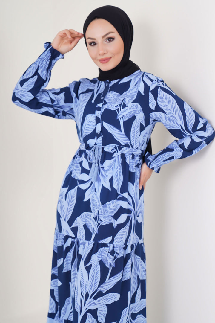 BGD Women Patterned Hijab Dress - Navy Blue - Rowlett