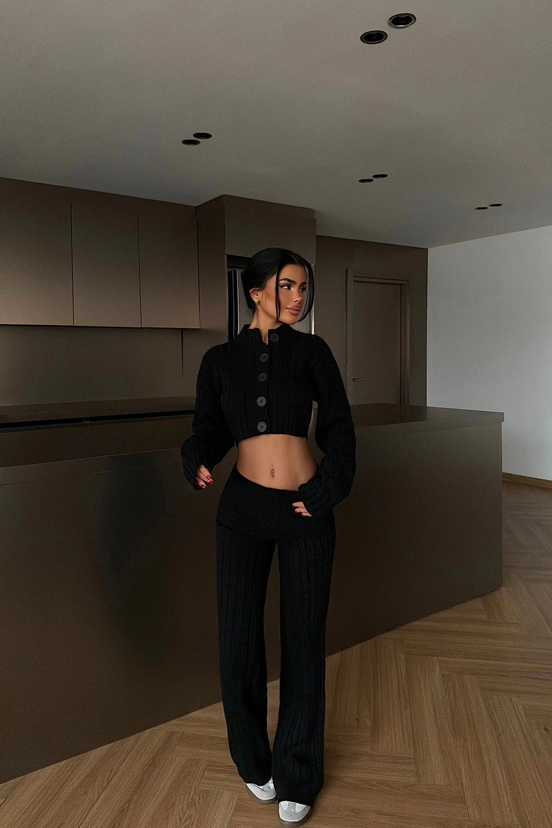 EYY Women Siyah Düğme Detaylı Örme Takım - Antibes