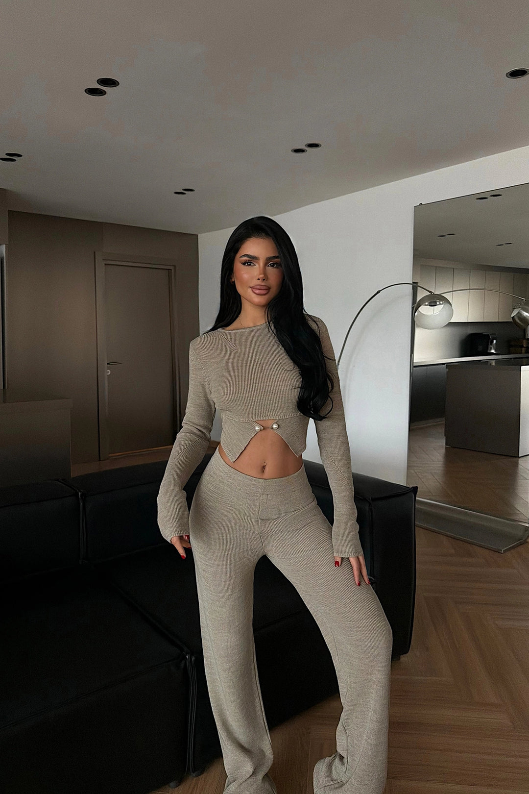 EYY Women Taş Rengi Düğme Detaylı Örme Takım - Pearland