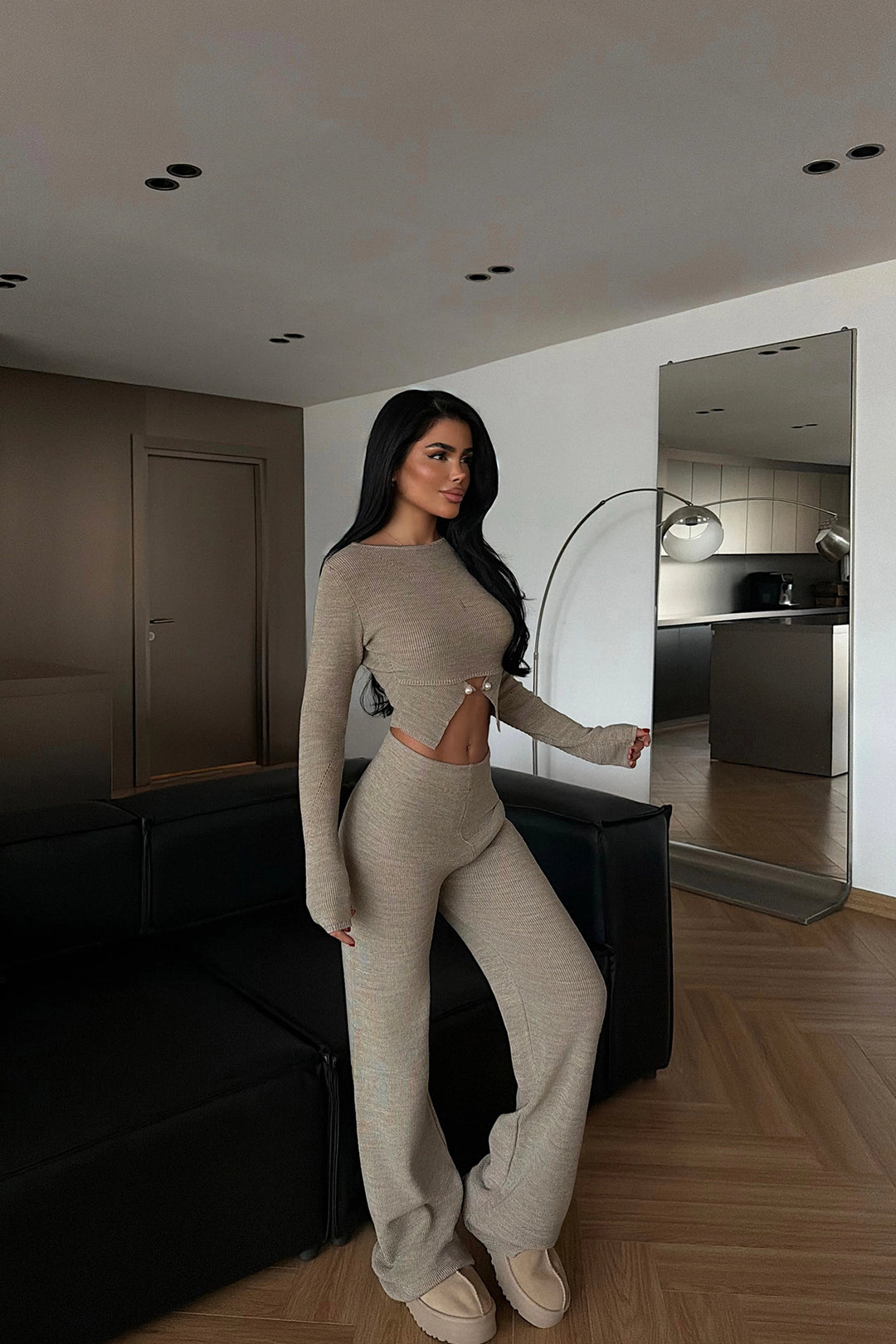EYY Women Taş Rengi Düğme Detaylı Örme Takım - Pearland