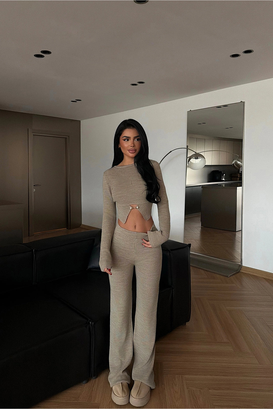EYY Women Taş Rengi Düğme Detaylı Örme Takım - Pearland