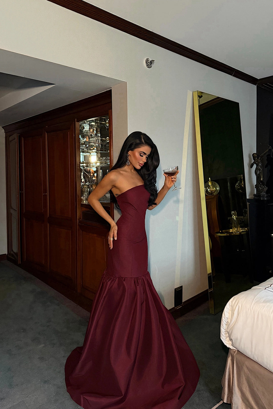 EYY Women Burgundy Balloon Skirt Evening Dress - Cihuatlán