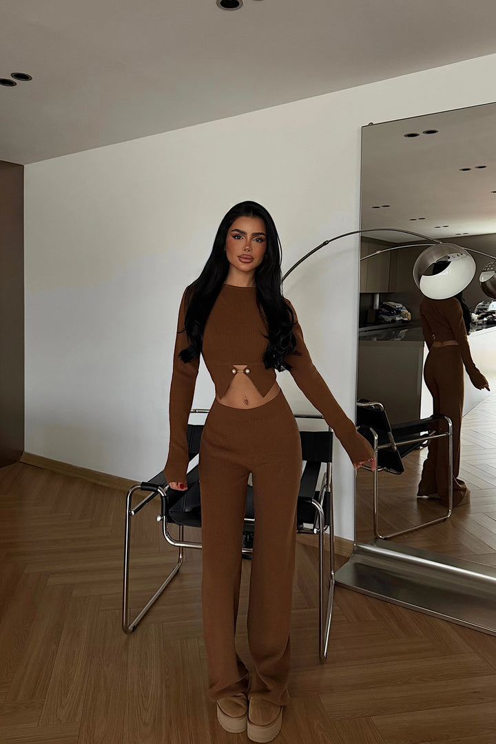 EYY Women Tan Button Detail Knit Set - Largo