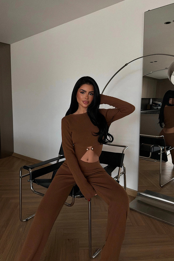 EYY Women Tan Button Detail Knit Set - Largo