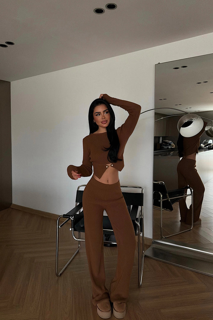 EYY Women Tan Button Detail Knit Set - Largo