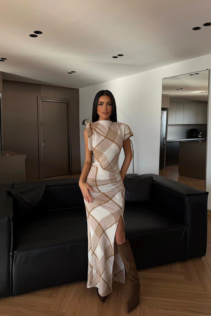 EYY Women Beige Plaid Long Dress - Calumet City