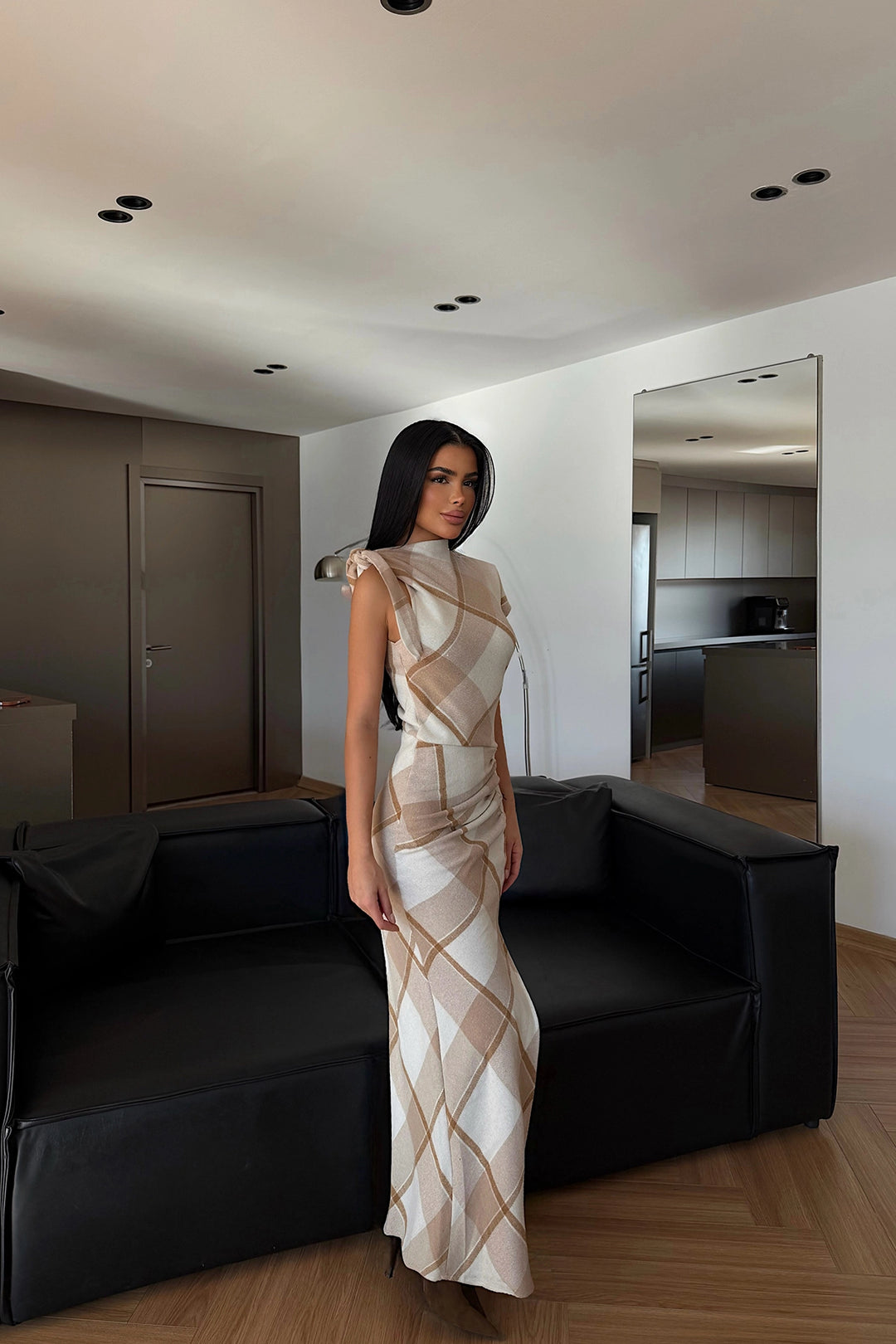 EYY Women Beige Plaid Long Dress - Calumet City