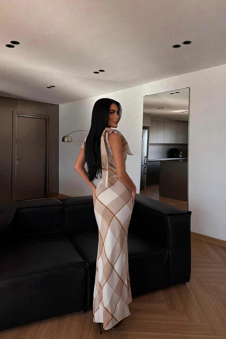 EYY Women Beige Plaid Long Dress - Calumet City