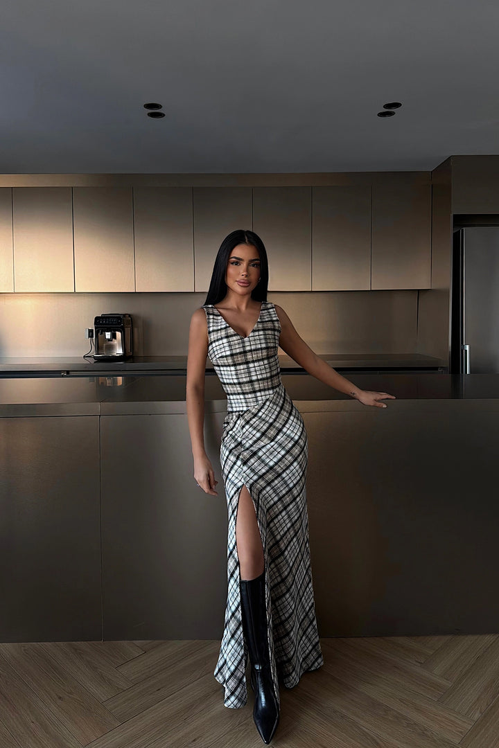 EYY Women Beige Plaid Dress - Irákleio