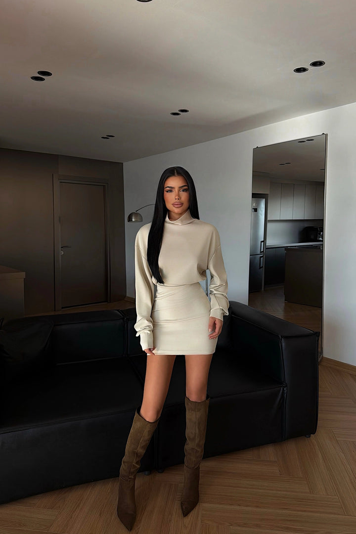 EYY Women Krem Balıkçı Yaka Mini Elbise - Tejupilco
