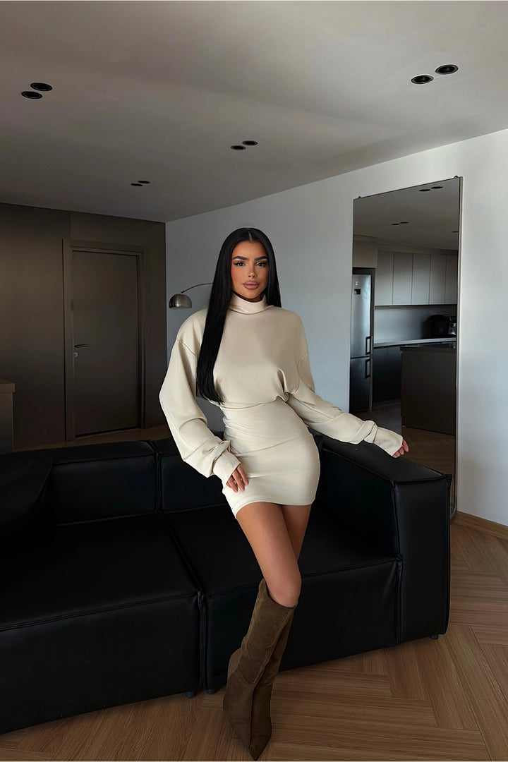 EYY Women Krem Balıkçı Yaka Mini Elbise - Tejupilco