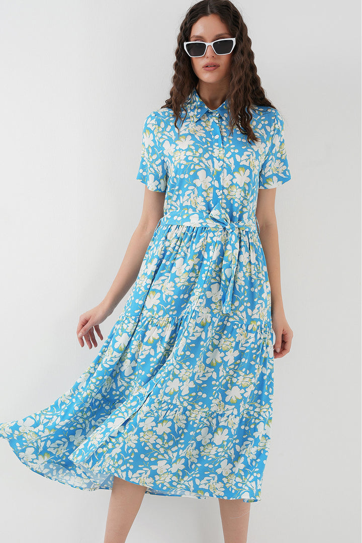 BGD Women Short Sleeve Patterned Dress - Blue. - Pasadena