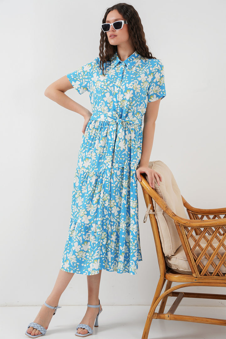 BGD Women Short Sleeve Patterned Dress - Blue. - Pasadena
