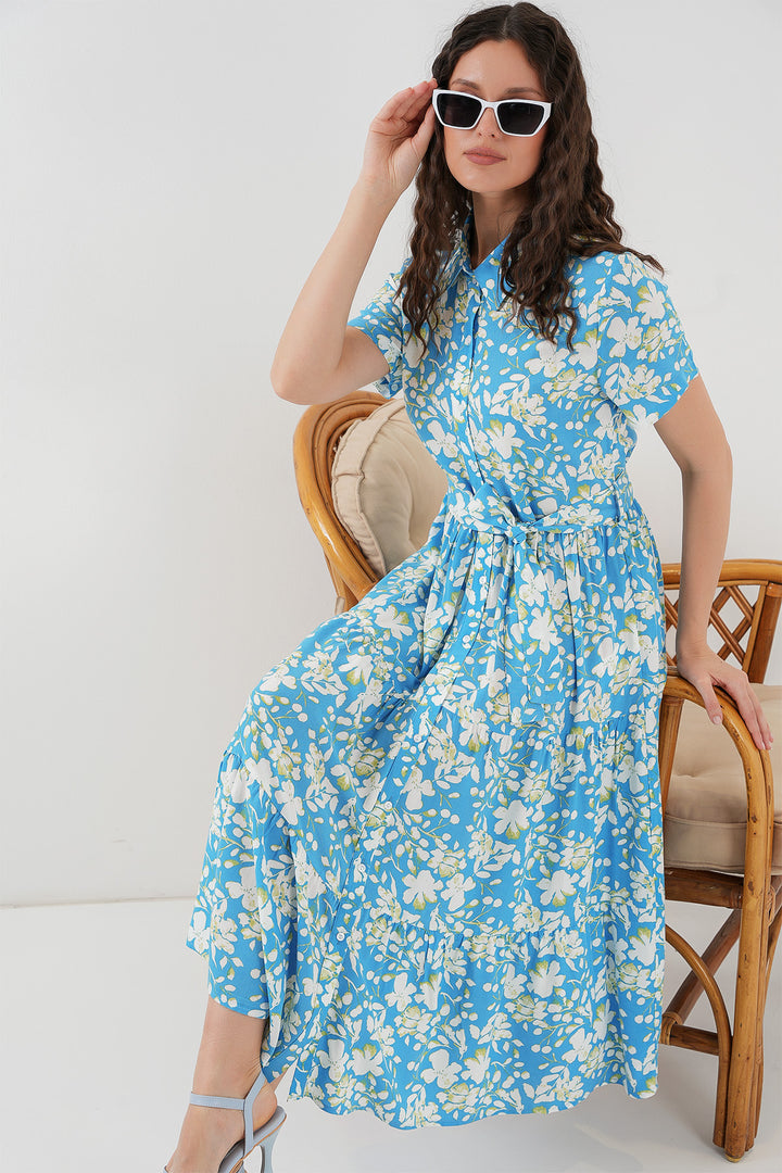 BGD Women Short Sleeve Patterned Dress - Blue. - Pasadena