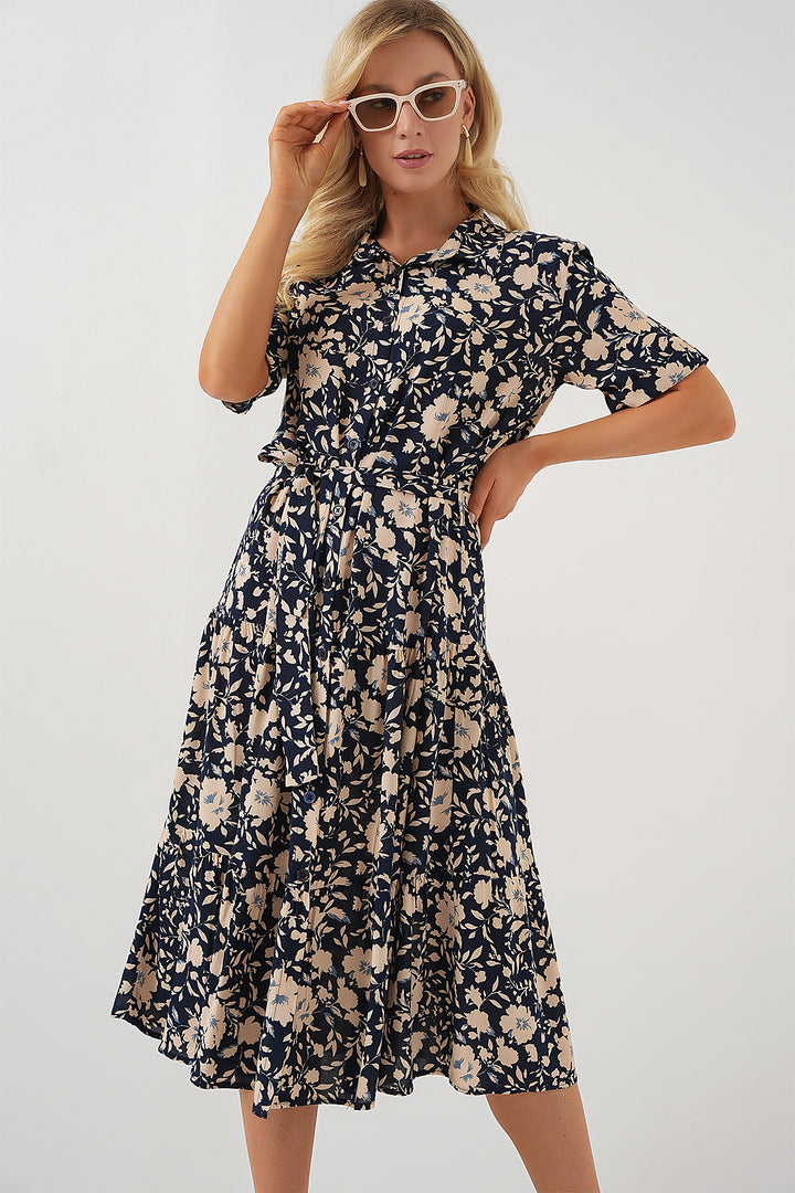 BGD Women Short Sleeve Patterned Dress - Navy Blue - Weymouth