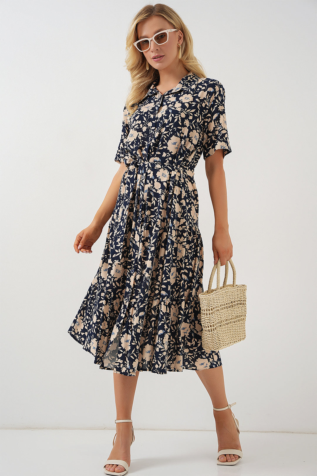 BGD Women Short Sleeve Patterned Dress - Navy Blue - Weymouth