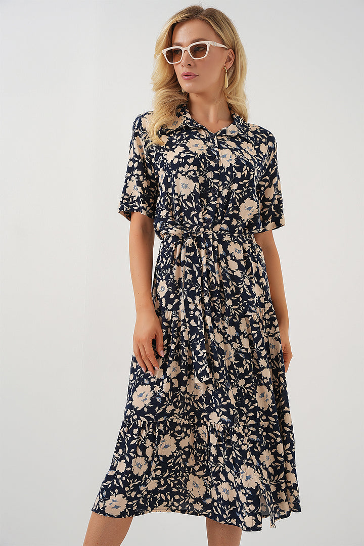 BGD Women Short Sleeve Patterned Dress - Navy Blue - Weymouth