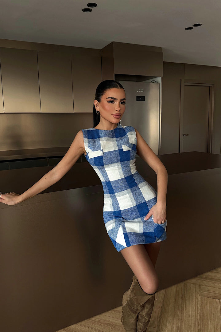 EYY Women Blue Plaid Sleeveless Dress - San Severo